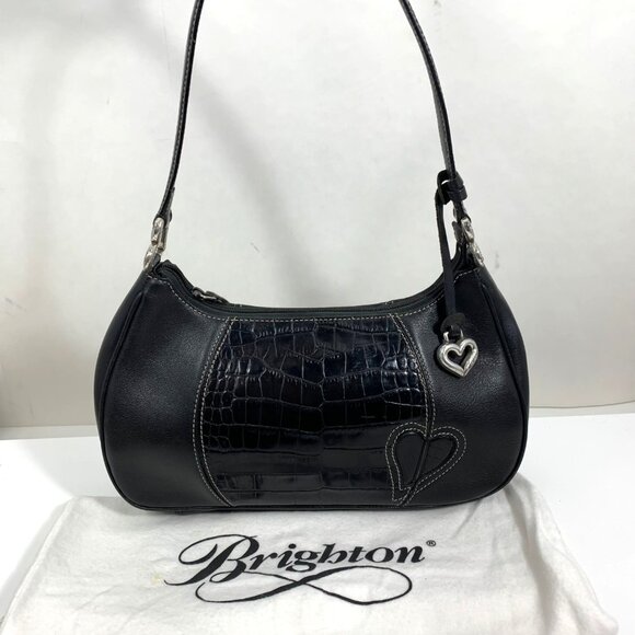 BRIGHTON Hilda Moon Purse Black Croc Embossed Pebbled Leather Demi Shoulder Bag - Picture 1 of 16